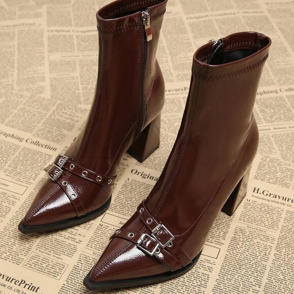 Burgundy Casual Women's Pointed Toe Short Heeled Boots - Picture 2 of 5